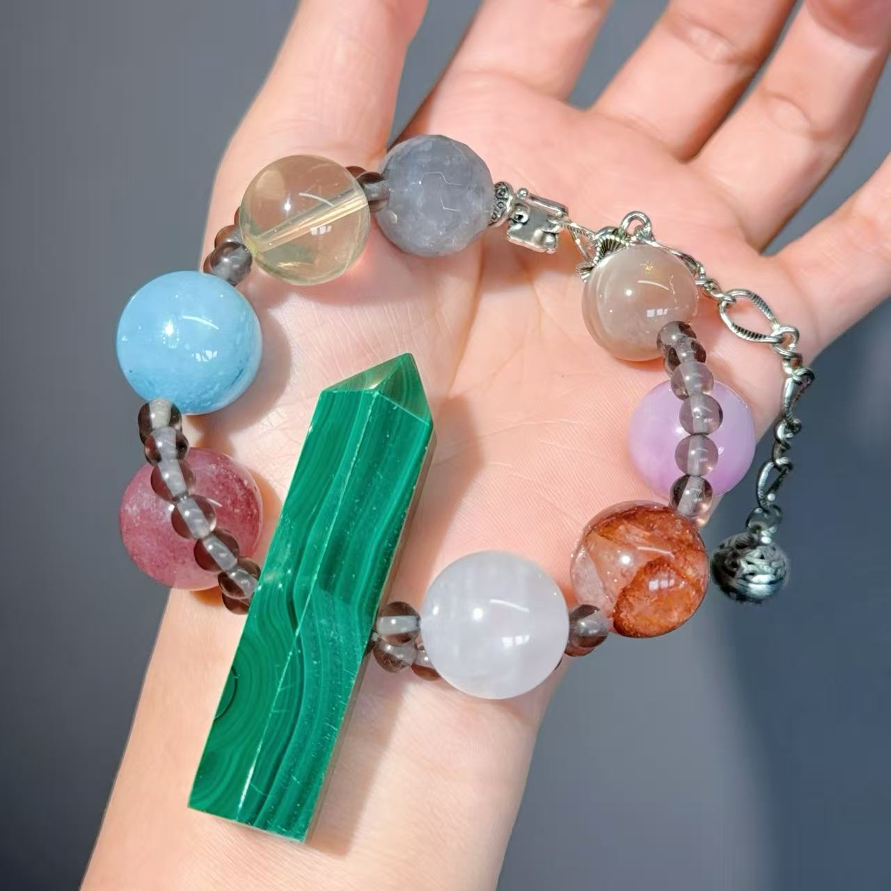 083 Malachite Kunzite Aquamarine bracelet crystal beads with certificate box gift